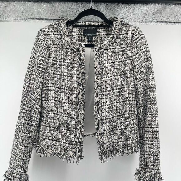 Cynthia Rowley Tweed Blazer Black White Gold Metallic Fringe Trim Jacket Medium - Picture 16 of 17